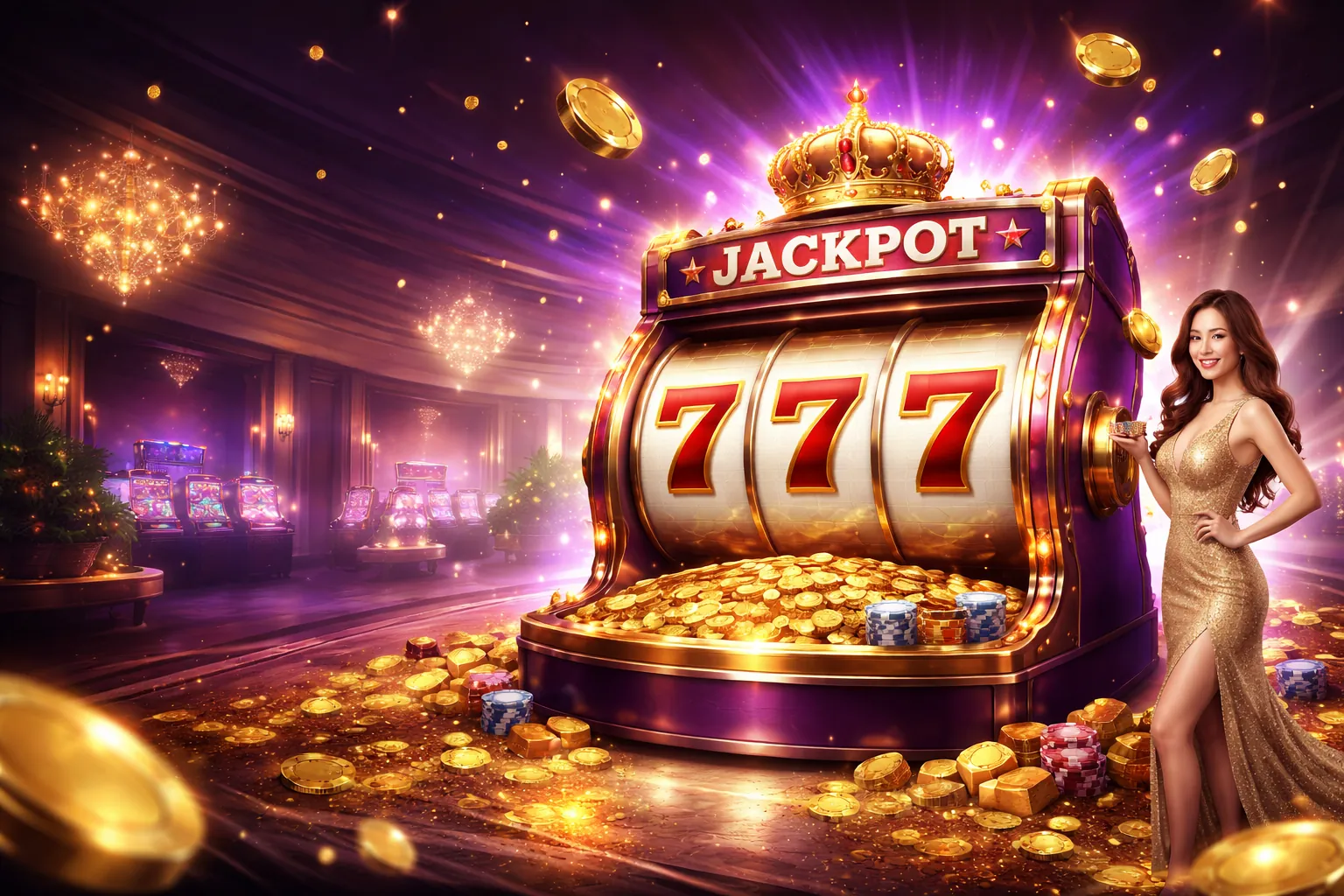 Máy đánh bạc nổ hũ với biểu tượng jackpot và tiền vàng tại 88clup đăng ký